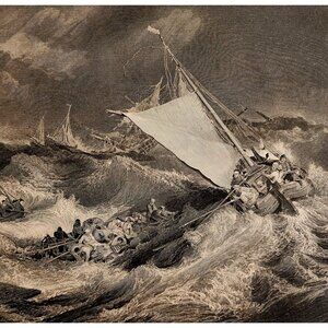 1870s The Shipwreck Steel Engraving Victorian JMW Turner Nautical Boats DWXX8